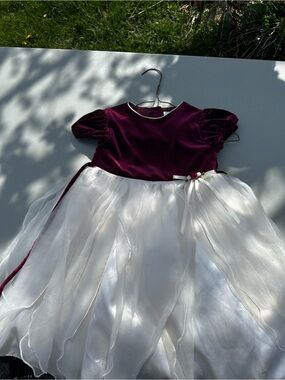 Girls Burgundy Velvet and White Tulle Party Dress